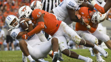 BLACKSBURG, VA - OCTOBER 21: Linebacker Tremaine Edmunds #49 of the Virginia Tech Hokies sacks quarterback Chazz Surratt #12 of the North Carolina Tar Heels in the second half at Lane Stadium on October 21, 2017 in Blacksburg, Virginia. (Photo by Michael Shroyer/Getty Images)