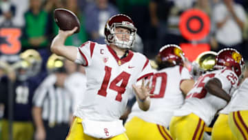 SOUTH BEND, IN - OCTOBER 21: Sam Darnold #14 of the USC Trojans throws a pass in the first quarter of a game against the Notre Dame Fighting Irish at Notre Dame Stadium on October 21, 2017 in South Bend, Indiana. (Photo by Joe Robbins/Getty Images)