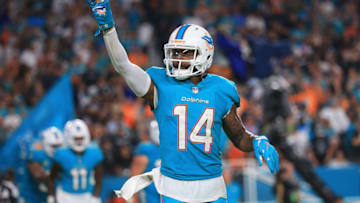 MIAMI GARDENS, FL - NOVEMBER 05: Wide receiver Jarvis Landry #14 of the Miami Dolphins celebrates a touchdown in the third quarter at Hard Rock Stadium on November 5, 2017 in Miami Gardens, Florida. (Photo by Chris Trotman/Getty Images)