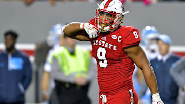 RALEIGH, NC - NOVEMBER 25: Bradley Chubb #9 of the North Carolina State Wolfpack reacts after a win against the North Carolina Tar Heels during their game at Carter Finley Stadium on November 25, 2017 in Raleigh, North Carolina. North Carolina State won 33-21. (Photo by Grant Halverson/Getty Images)