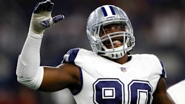 ARLINGTON, TX - NOVEMBER 30: DeMarcus Lawrence #90 of the Dallas Cowboys reacts after a 38-14 win over the Washington Redskins at AT&T Stadium on November 30, 2017 in Arlington, Texas. (Photo by Wesley Hitt/Getty Images)
