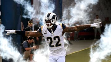 LOS ANGELES, CA - DECEMBER 10: Trumaine Johnson #22 of the Los Angeles Rams runs onto the field prior to the game against the Philadelphia Eagles at the Los Angeles Memorial Coliseum on December 10, 2017 in Los Angeles, California. (Photo by Kevork Djansezian/Getty Images)