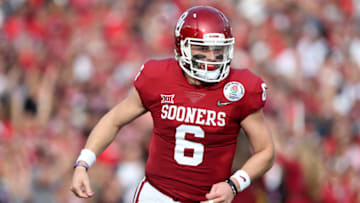 PASADENA, CA - JANUARY 01: Baker Mayfield #6 of the Oklahoma Sooners celebrates after throwing a 13-yard touchdown pass in the first quarter against the Georgia Bulldogs in the 2018 College Football Playoff Semifinal Game against the Georgia Bulldogs at the Rose Bowl Game presented by Northwestern Mutual at the Rose Bowl on January 1, 2018 in Pasadena, California. (Photo by Matthew Stockman/Getty Images)
