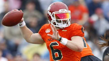 MOBILE, AL - JANUARY 27: Baker Mayfield #6 of the North team throws the ball during the first half of the Reese's Senior Bowl against the the South team at Ladd-Peebles Stadium on January 27, 2018 in Mobile, Alabama. (Photo by Jonathan Bachman/Getty Images)