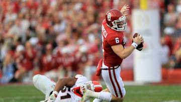 PASADENA, CA - JANUARY 01: Linebacker David Marshall #51 of the Georgia Bulldogs sacks quarterback Baker Mayfield #6 of the Oklahoma Sooners in the first half in the 2018 College Football Playoff Semifinal at the Rose Bowl Game presented by Northwestern Mutual at the Rose Bowl on January 1, 2018 in Pasadena, California. (Photo by Sean M. Haffey/Getty Images)
