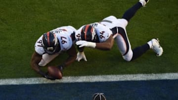 Feb 7, 2016; Santa Clara, CA, USA; Denver Broncos defensive end Malik Jackson (97) and Denver Broncos outside linebacker DeMarcus Ware (94) recover a fumble for a touchdown in Super Bowl 50 at Levi