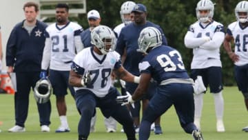 May 25, 2016; Irving, TX, USA; Dallas Cowboys tackle Charles Brown (78) in action against defensive end Benson Mayowa (93) during organized team activities at Dallas Cowboys Headquarters. Mandatory Credit: Matthew Emmons-USA TODAY Sports