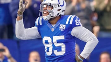 INDIANAPOLIS, IN - NOVEMBER 11: Eric Ebron #85 of the Indianapolis Colts reacts after a touchdown during the game against the Jacksonville Jaguars at Lucas Oil Stadium on November 11, 2018 in Indianapolis, Indiana. (Photo by Michael Hickey/Getty Images)