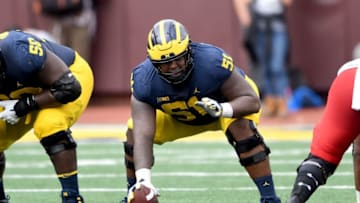 ANN ARBOR, MI - OCTOBER 06: Cesar Ruiz #51 of the Michigan Wolverines lines up against the Maryland Terrapins at Michigan Stadium on October 6, 2018 in Ann Arbor, Michigan. (Photo by G Fiume/Maryland Terrapins/Getty Images)