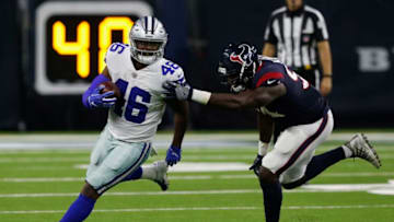 HOUSTON, TX - AUGUST 30: Jordan Chunn #46 of the Dallas Cowboys rushes past Ufomba Kamalu #94 of the Houston Texans in the second half of the preseason game at NRG Stadium on August 30, 2018 in Houston, Texas. (Photo by Tim Warner/Getty Images)