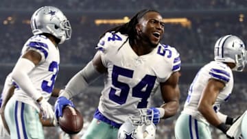 ARLINGTON, TX - OCTOBER 14: Jaylon Smith #54 of the Dallas Cowboys celebrates a fumble recovery against the Jacksonville Jaguars at AT&T Stadium on October 14, 2018 in Arlington, Texas. (Photo by Ronald Martinez/Getty Images)