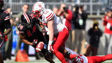 COLUMBUS, OH - NOVEMBER 3: K.J. Hill #14 of the Ohio State Buckeyes fumbles the ball after a pass reception as he is tackled by Luke Gifford #12 of the Nebraska Cornhuskers in the second quarter at Ohio Stadium on November 3, 2018 in Columbus, Ohio. Nebraska recovered the ball. (Photo by Jamie Sabau/Getty Images)