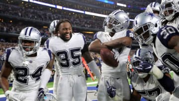 ARLINGTON, TEXAS - NOVEMBER 29: Chidobe Awuzie #24, Kavon Frazier #35 and other Dallas Cowboys celebrate the fourth quarter interception by Jourdan Lewis #27 against the New Orleans Saints at AT&T Stadium on November 29, 2018 in Arlington, Texas. (Photo by Richard Rodriguez/Getty Images)