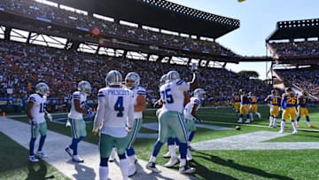 HONOLULU, HAWAII - AUGUST 17: The Dallas Cowboys celebrate after scoring a touchdown against the Los Angeles Rams during the preseason game at Aloha Stadium on August 17, 2019 in Honolulu, Hawaii. (Photo by Alika Jenner/Getty Images)
