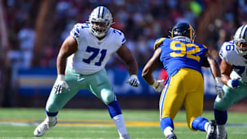 HONOLULU, HAWAII - AUGUST 17: La'el Collins #71 of the Dallas Cowboys pass blocks during the first half of a preseason game against the Los Angeles Rams at Aloha Stadium on August 17, 2019 in Honolulu, Hawaii. (Photo by Alika Jenner/Getty Images)