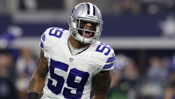 ARLINGTON, TX - JANUARY 15: Anthony Hitchens #59 of the Dallas Cowboys celebrates a sack during the first quarter against the Green Bay Packers in their NFC Divisional Playoff game at AT&T Stadium on January 15, 2017 in Arlington, Texas. (Photo by Ronald Martinez/Getty Images)