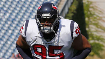 FOXBORO, MA - SEPTEMBER 24: Christian Covington #95 of the Houston Texans warms up before a game against the New England Patriots at Gillette Stadium on September 24, 2017 in Foxboro, Massachusetts. (Photo by Jim Rogash/Getty Images)
