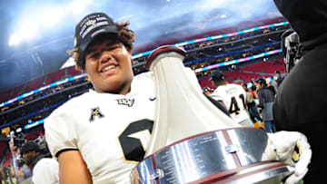 ATLANTA, GA - JANUARY 1: Trysten Hill #9 of the Central Florida Knights celebrates after the game against the Auburn Tigers during the Chick-fil-A Peach Bowl on January 1, 2018 in Atlanta, Georgia. (Photo by Scott Cunningham/Getty Images)