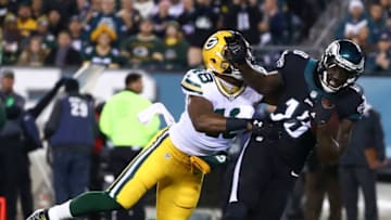 PHILADELPHIA, PA - NOVEMBER 28: Dorial Green-Beckham #18 of the Philadelphia Eagles runs with the ball after a catch and is tackled by Joe Thomas #48 of the Green Bay Packers in the first quarter at Lincoln Financial Field on November 28, 2016 in Philadelphia, Pennsylvania. (Photo by Al Bello/Getty Images)