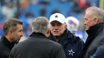 ORCHARD PARK, NY - DECEMBER 27: Dallas Cowboys owner Jerry Jones talks to Buffalo Bills owner Terry Pegula, Buffalo Bills president Russ Brandon, left, and Dallas Cowboys CEO Stephen Jones, right, before the game at Ralph Wilson Stadium on December 27, 2015 in Orchard Park, New York. (Photo by Michael Adamucci/Getty Images)