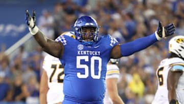 LEXINGTON, KENTUCKY - SEPTEMBER 11: Marquan McCall #50 of the Kentucky Wildcats celebrates in the game against the Missouri Tigers at Kroger Field on September 11, 2021 in Lexington, Kentucky. (Photo by Andy Lyons/Getty Images)