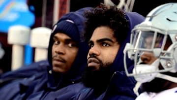 EAST RUTHERFORD, NEW JERSEY - DECEMBER 30: Ezekiel Elliott #21 of the Dallas Cowboys looks on from the sideline during the fourth quarter against the New York Giants at MetLife Stadium on December 30, 2018 in East Rutherford, New Jersey. (Photo by Steven Ryan/Getty Images)