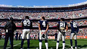 CLEVELAND, OH - NOVEMBER 06: Benson Mayowa #93, Dak Prescott #4, Ezekiel Elliott #21 and Terrance Williams #83 of the Dallas Cowboys stand during the National Anthem at FirstEnergy Stadium on November 6, 2016 in Cleveland, Ohio. (Photo by Jason Miller/Getty Images)