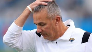 JACKSONVILLE, FLORIDA - NOVEMBER 28: Head coach Urban Meyer of the Jacksonville Jaguars looks on from the sidelines during the game against the Atlanta Falcons at TIAA Bank Field on November 28, 2021 in Jacksonville, Florida. (Photo by Sam Greenwood/Getty Images)