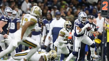NEW ORLEANS, LOUISIANA - DECEMBER 02: Tony Pollard #20 of the Dallas Cowboys runs for a touchdown in the third quarter of the game against the New Orleans Saints at Caesars Superdome on December 02, 2021 in New Orleans, Louisiana. (Photo by Jonathan Bachman/Getty Images)