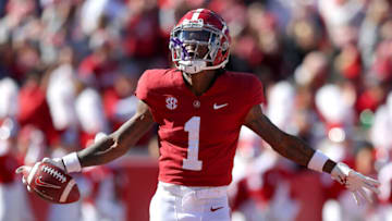 TUSCALOOSA, ALABAMA - NOVEMBER 13: Jameson Williams #1 of the Alabama Crimson Tide reacts after he failed to make a touchdown off of a long reception in the second quarter against the New Mexico State Aggies in the game at Bryant-Denny Stadium on November 13, 2021 in Tuscaloosa, Alabama. (Photo by Kevin C. Cox/Getty Images)