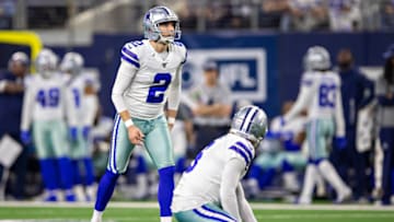 ARLINGTON, TX - NOVEMBER 28: Brett Maher #2 of the Dallas Cowboys prepares to kick a field goal during the second half of a game on Thanksgiving Day against the Buffalo Bills at AT&T Stadium on November 28, 2019 in Arlington, Texas. The Bills defeated the Cowboys 26-15. (Photo by Wesley Hitt/Getty Images)