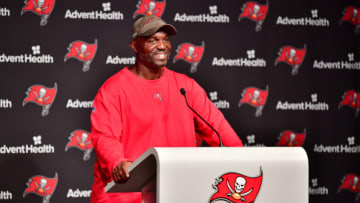 TAMPA, FLORIDA - JUNE 09: Head coach Todd Bowles of Tampa Bay Buccaneers answers questions at a press conference following the 2022 Buccaneers minicamp at AdventHealth Training Center on June 09, 2022 in Tampa, Florida. (Photo by Julio Aguilar/Getty Images)