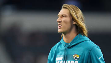 ARLINGTON, TEXAS - AUGUST 29: Trevor Lawrence #16 of the Jacksonville Jaguars reacts prior to an NFL game against the Dallas Cowboys at AT&T Stadium on August 29, 2021 in Arlington, Texas. (Photo by Cooper Neill/Getty Images)