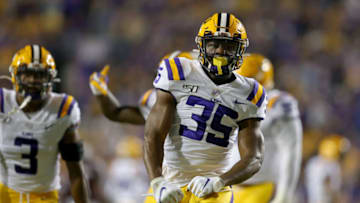 Nov 30, 2019; Baton Rouge, LA, USA; LSU Tigers linebacker Damone Clark (35) gestures after a play in the first half against the Texas A&M Aggies at Tiger Stadium. Mandatory Credit: Chuck Cook-USA TODAY Sports