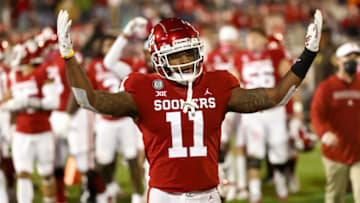 Nov 21, 2020; Norman, Oklahoma, USA; Oklahoma Sooners linebacker Nik Bonitto (11) reacts at the end of the first half against the Oklahoma State Cowboys at Gaylord Family-Oklahoma Memorial Stadium. Mandatory Credit: Kevin Jairaj-USA TODAY Sports