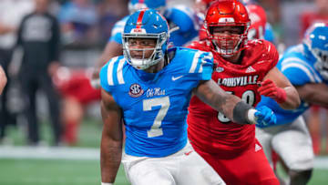 Sep 6, 2021; Atlanta, Georgia, USA; Mississippi Rebels defensive lineman Sam Williams (7) in action against the Louisville Cardinals at Mercedes-Benz Stadium. Mandatory Credit: Dale Zanine-USA TODAY Sports