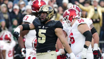 Purdue defensive end George Karlaftis (5) celebrates a stop during the second quarter of an NCAA college football game, Saturday, Nov. 27, 2021 at Ross-Ade Stadium in West Lafayette.Cfb Purdue Vs Indiana