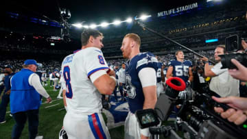 New York Giants quarterback Daniel Jones (8) and Dallas Cowboys quarterback Cooper Rush (10) shake hands after the game. The Giants fall to the Cowboys, 23-16, at MetLife Stadium on Monday, Sept. 26, 2022.
Nfl Ny Giants Vs Dallas Cowboys Cowboys At Giants