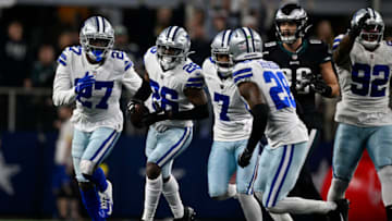 Dec 24, 2022; Arlington, Texas, USA; Dallas Cowboys safety Jayron Kearse (27) and cornerback DaRon Bland (26) and cornerback Trevon Diggs (7) and safety Malik Hooker (28) celebrate after Bland recovers a Philadelphia Eagles fumble during the second half at AT&T Stadium. Mandatory Credit: Jerome Miron-USA TODAY Sports