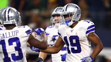 Oct 6, 2019; Arlington, TX, USA; Dallas Cowboys receiver Amari Cooper (19) celebrates his fourth quarter touchdown against the Green Bay Packers at AT&T Stadium. Mandatory Credit: Matthew Emmons-USA TODAY Sports