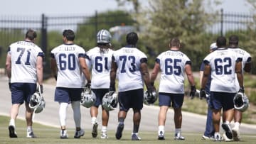 May 14, 2022; Frisco, Texas, USA; Dallas Cowboys offensive tackle Matt Waletzko (71) and guard Isaac Alaarcon (60) and offensive tackle Amon Simon (61) and offensive tackle Tyler Smith (73) and center Alec Lindstrom (65) and center Braylon Jones (62) walk on the field during practice at the Ford Center at the Star Training Facility in Frisco, Texas. Mandatory Credit: Tim Heitman-USA TODAY Sports