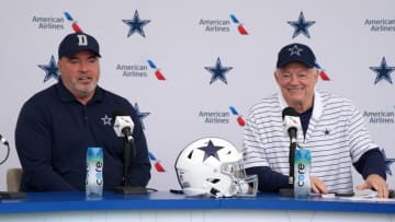 Jul 26, 2022; Oxnard, CA, USA; Dallas Cowboys coach Mike McCarthy (left) and owner Jerry Jones at training camp press conference at the River Ridge Fields. Mandatory Credit: Kirby Lee-USA TODAY Sports
