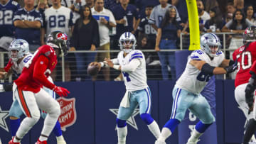 Sep 11, 2022; Arlington, Texas, USA; Dallas Cowboys quarterback Dak Prescott (4) throws during the first quarter against the Tampa Bay Buccaneers at AT&T Stadium. Mandatory Credit: Kevin Jairaj-USA TODAY Sports