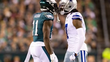 Oct 16, 2022; Philadelphia, Pennsylvania, USA; Philadelphia Eagles wide receiver A.J. Brown (11) and Dallas Cowboys cornerback Trevon Diggs (7) have words after a play in the second quarter at Lincoln Financial Field. Mandatory Credit: Bill Streicher-USA TODAY Sports
