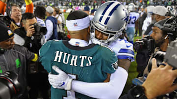 Oct 16, 2022; Philadelphia, Pennsylvania, USA; Philadelphia Eagles quarterback Jalen Hurts (1) and ]Dallas Cowboys cornerback Trevon Diggs (7) meat Lincoln Financiaet on the field after the gamel Field. Mandatory Credit: Eric Hartline-USA TODAY Sports
