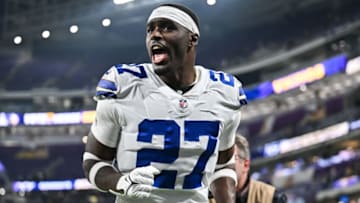 Nov 20, 2022; Minneapolis, Minnesota, USA; Dallas Cowboys safety Jayron Kearse (27) reacts after the game against the Minnesota Vikings at U.S. Bank Stadium. Mandatory Credit: Jeffrey Becker-USA TODAY Sports