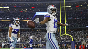 Dec 4, 2022; Arlington, Texas, USA; Dallas Cowboys wide receiver Michael Gallup (13) reacts after scoring a touchdown during the second quarter against the Indianapolis Colts at AT&T Stadium. Mandatory Credit: Kevin Jairaj-USA TODAY Sports