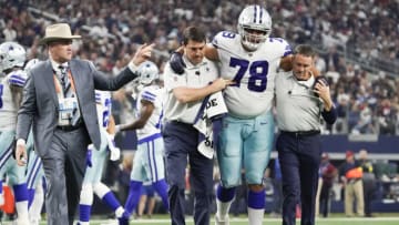 Dec 11, 2022; Arlington, Texas, USA; Dallas Cowboys offensive tackle Terence Steele (78) leaves the field with an apparent injury during the second quarter against the Houston Texans at AT&T Stadium. Mandatory Credit: Raymond Carlin III-USA TODAY Sports