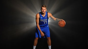 TARRYTOWN, NY - AUGUST 12: Luka Doncic #77 of the Dallas Mavericks poses for a portrait during the 2018 NBA Rookie Photo Shoot on August 12, 2018 at the Madison Square Garden Training Facility in Tarrytown, New York. NOTE TO USER: User expressly acknowledges and agrees that, by downloading and or using this photograph, User is consenting to the terms and conditions of the Getty Images License Agreement. Mandatory Copyright Notice: Copyright 2018 NBAE (Photo by Jesse D. Garrabrant/NBAE via Getty Images)