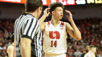 LINCOLN, NE - MARCH 10: Isaiah Roby #14 of the Nebraska Cornhuskers, wearing the jersey of injured teammate Isaac Copeland Jr. (not shown), reacts to a foul call in the game against the Iowa Hawkeyes at Pinnacle Bank Arena on March 10, 2019 in Lincoln, Nebraska. (Photo by Steven Branscombe/Getty Images)